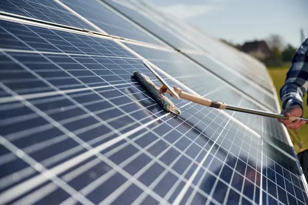 Technician cleaning and servicing rooftop solar panels in Gurgaon