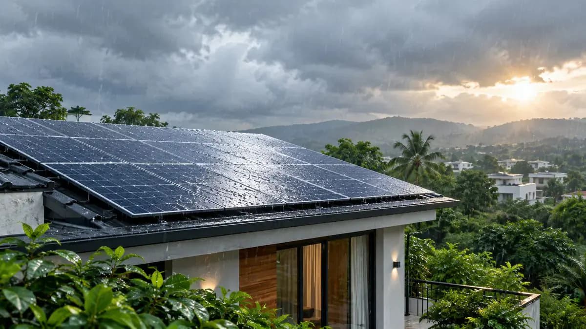 Rooftop solar panels generating electricity during rainy weather and cloudy monsoon skies