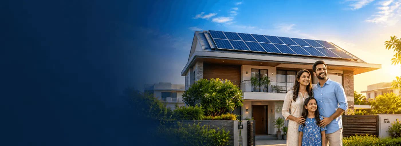 Indian family smiling happily outside their modern Gurgaon villa with Voltmen rooftop solar panels