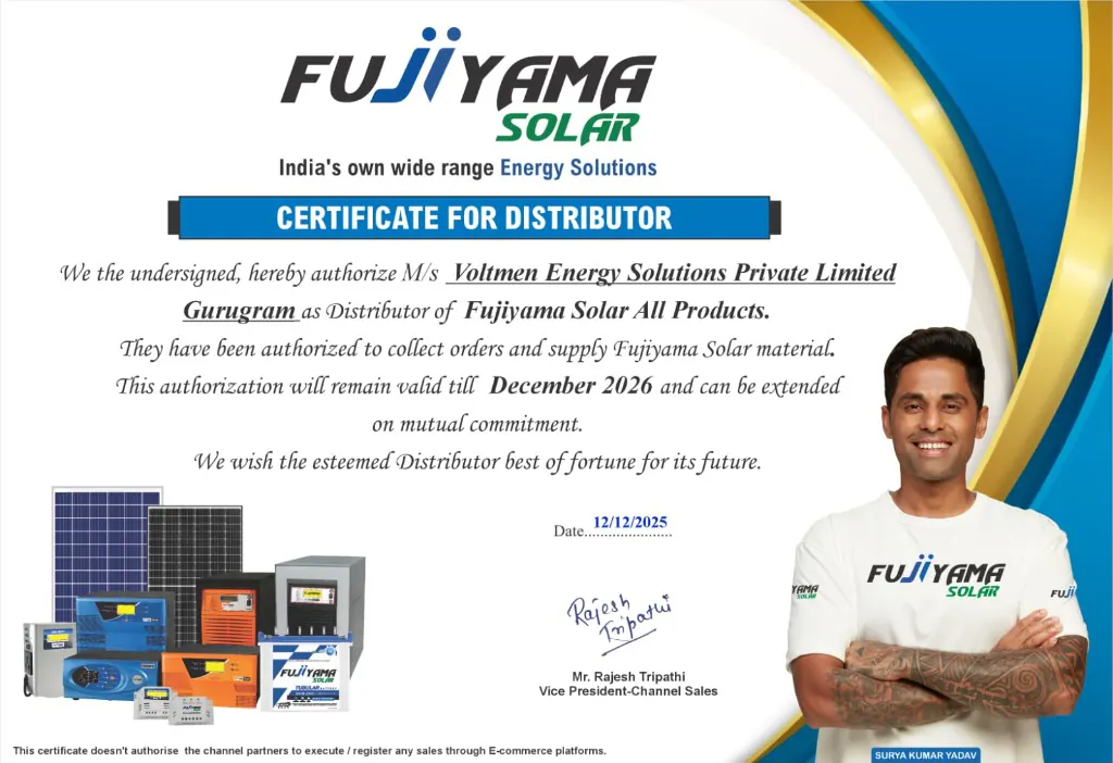 Certificate of Distributor - Voltmen Energy Solutions Gurugram for Fujiyama Solar All Products