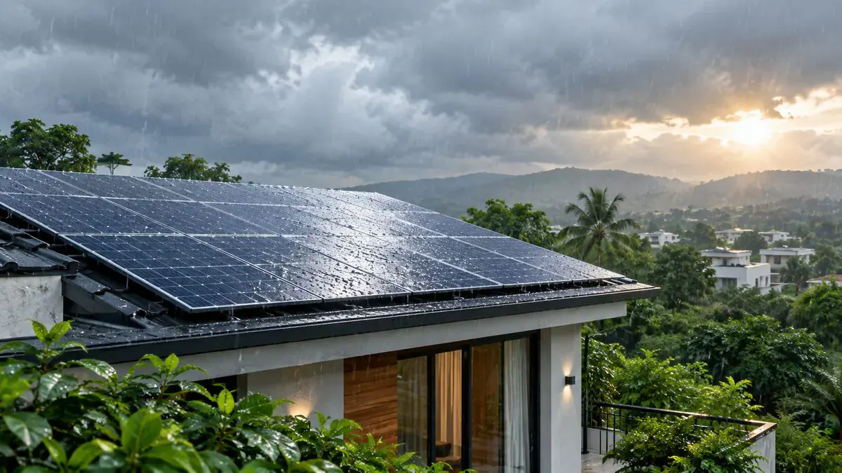 Rooftop solar panels generating electricity during rainy weather and cloudy monsoon skies