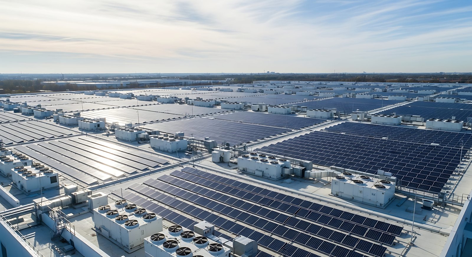 Solar panels on industrial rooftops